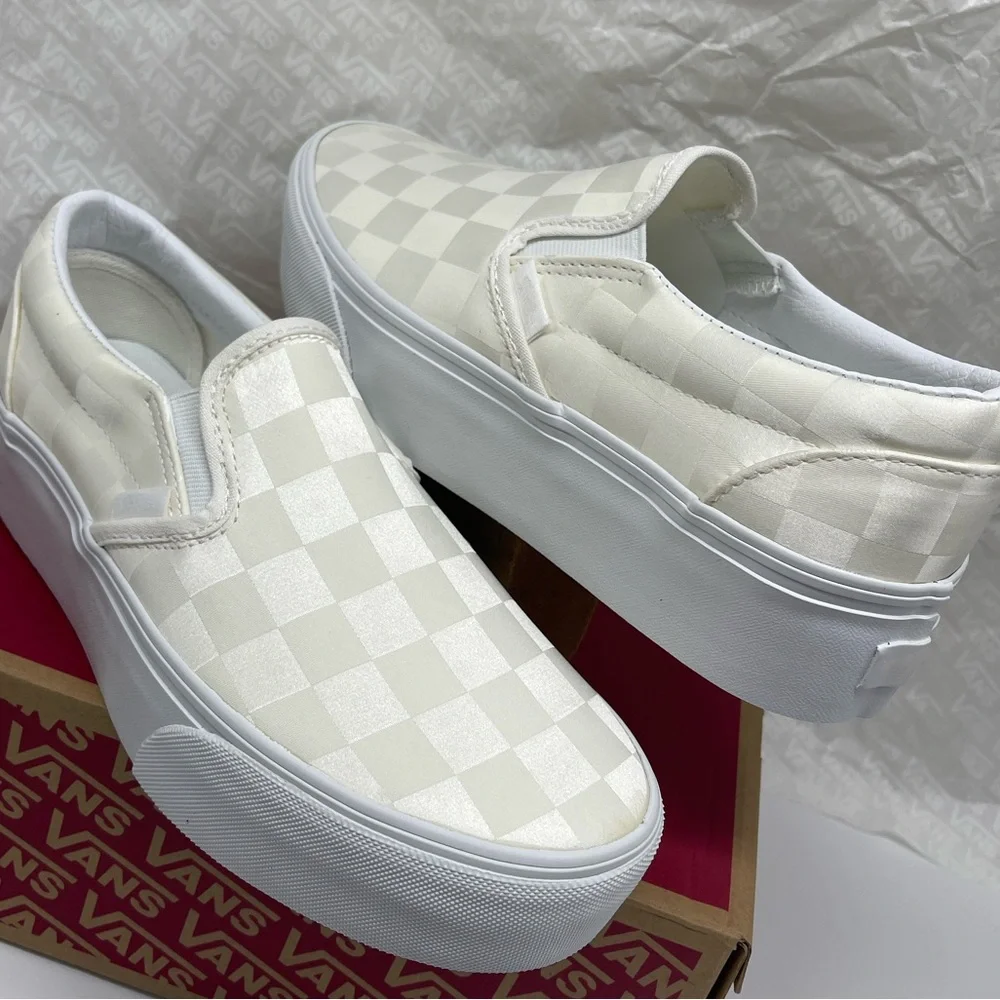 Vans Classic Slip-On Stackform Satin Checkerboard White VN000CN1CJ7 Platform